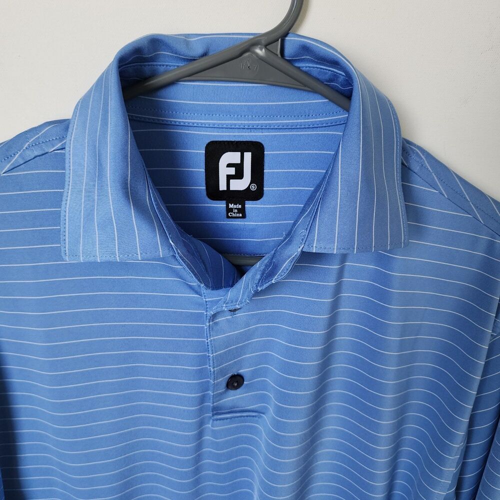 FJ Footjoy Mens Small Performance Golf Polo Blue White Striped Moisture Wicking - Picture 2 of 10